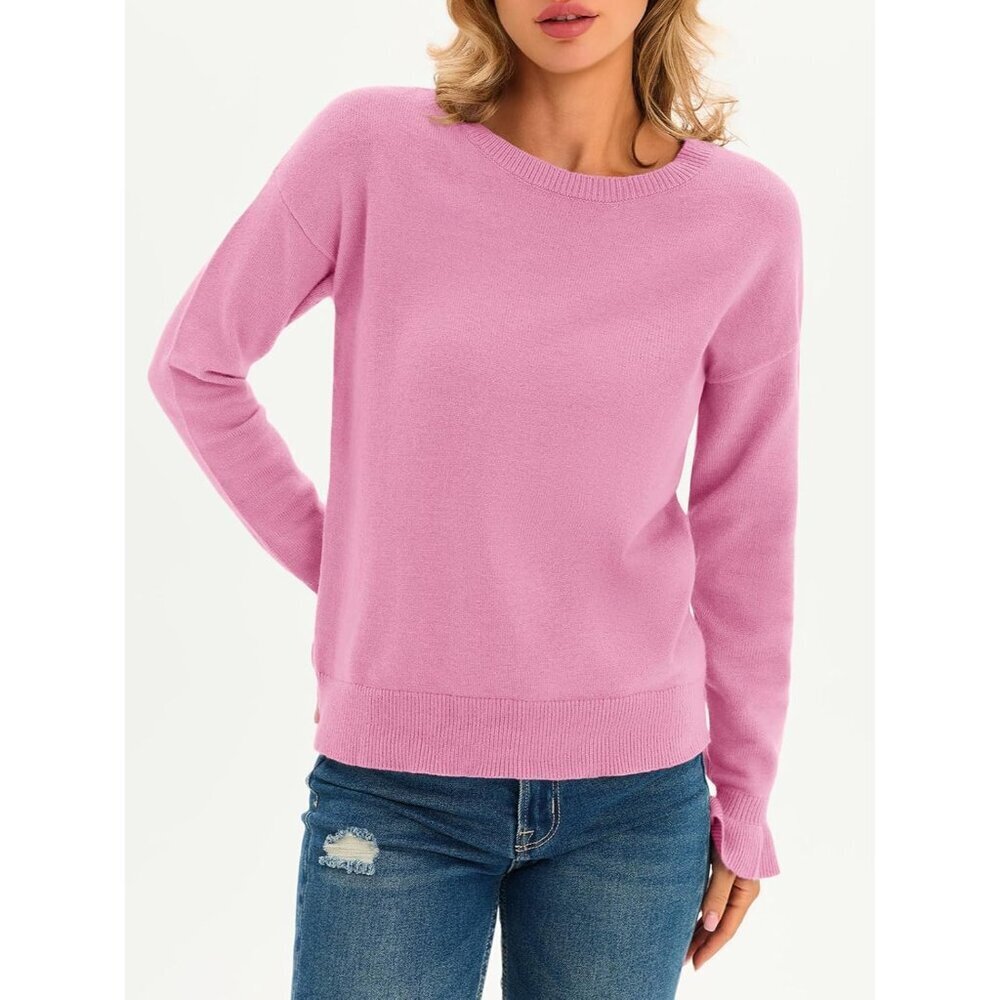 Womens Fall Lightweight Knit Crew Neck Sweater Ruffle Long Sleeve Casual Top - Picture 5 of 6